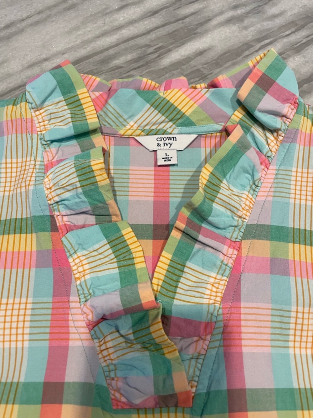 Crown & Ivy Pastel Plaid Ruffle V-Neck Tunic Top - Picture 3 of 6